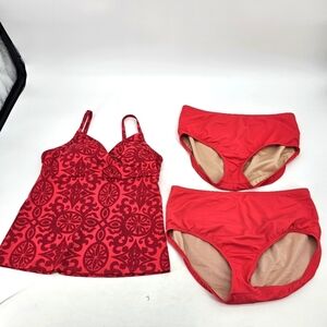 Lands End Smoothing High Waist Red Coral Tankini Set Womens Size 14 3pc Set
